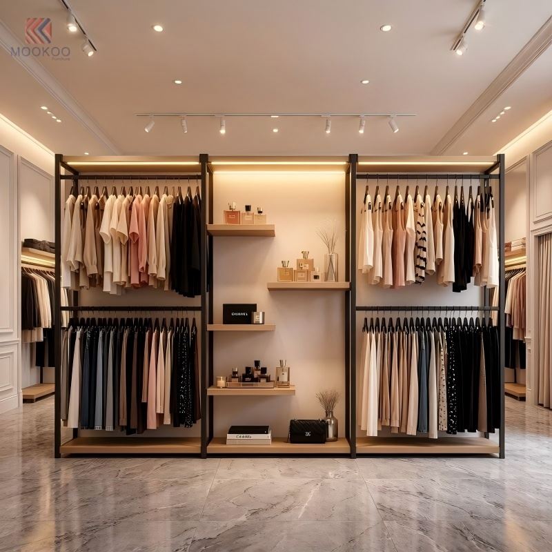 Xtilliera tal-wiri tal-ħwejjeġ fuq naħat heavy-duty bi organizzatur tal-ħwejjeġ tal-metall u tal-injam tal-ixkafef għal tagħmir tal-maħżen tal-boutique tal-bejgħ bl-imnut