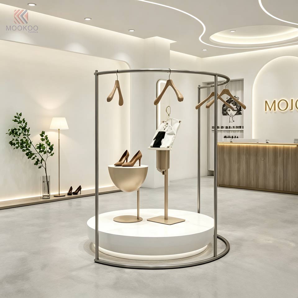 Metall tond li jdur Modern Ħwejjeġ Display Rack Verniċ Finish Freestanding Boutique Garme Stand Hangers Għall-Aħżen bl-Imnut Wangdian Display